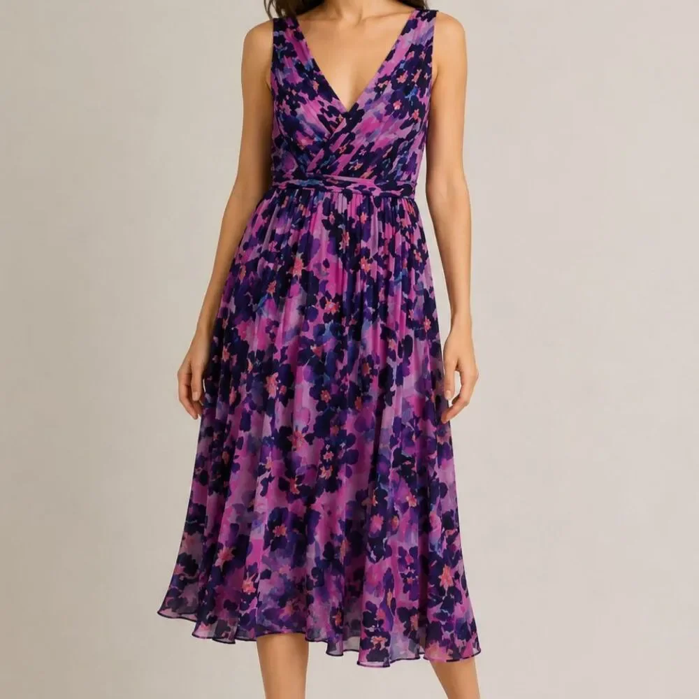 J.Crew Collection Silk Floral Pleated Midi Dress Purple Size 0